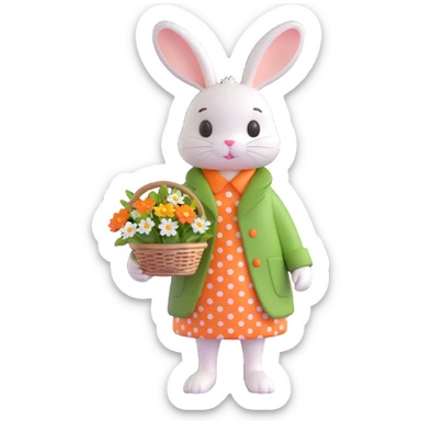 cute bunny wearing green coat and orange polka-dot dress holding bouquet of flowers and basket with egg sticker