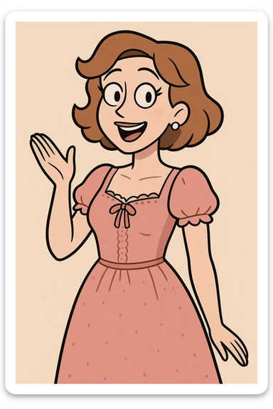 cartoon version of a woman with white skin, short wavy light brown hair, light makeup, wearing a pink dress with beautiful, delicate details, cheerful and charming sticker