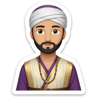 
-Apariencia: Joven de unos 25-30 años, atractivo,.
-Rostro: Ojos oscuros, piel ligeramente morena, rasgos árabes finos.
-Cabello: Negro, algo rizado o suelto, con barba fina.
-cuerpo entero  puede llevar una túnica más oriental, con faja y turbante sencillo con sandalias sticker