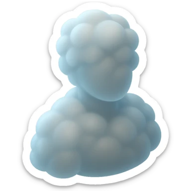 A person from the shoulders up, entirely composed of fluffy white convex clouds, matte glass style. sticker