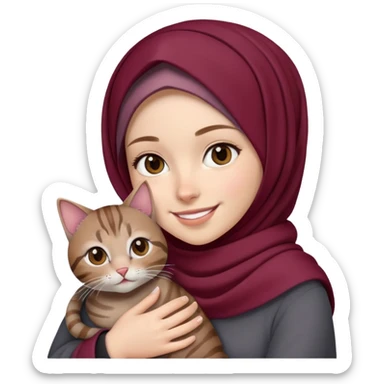 White girl wearing maroon hijab smiling while holding a black grey tabby cat sticker
