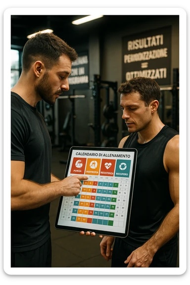 realistic cinematic photo a personal trainer and a client stand in a modern gym, reviewing a large, color-coded training calendar or chart on a tablet. The calendar shows different phases (Forza, Ipertrofia, Resistenza, Recupero) with icons and dates. Around them, gym equipment and motivational posters reinforce the idea of structured, periodized training. in italiano sticker