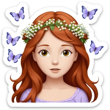 Woman with long flowing auburn hair wearing a flower crown with pale lavender flowers and white baby's breath in it and butterflies flying around it sticker