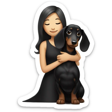 an Asian girl with long hair, wear black dress, hugging a black and tan long haired dachshund sticker