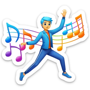 An icon showing vibrant musical notes and rhythm bars, inspired by Muse Dash. The design features colorful, dynamic elements flowing in sync with the beat, with a character dancing in the background. Bright, energetic visuals emphasize the excitement of rhythm-based gameplay. Transparent background. sticker