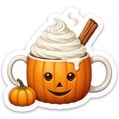 Steaming coffee Mug with whipped Cream and cinnamon Dust on Cream.  Small Punkin and 3 sticks of cinnamon next to mug sticker
