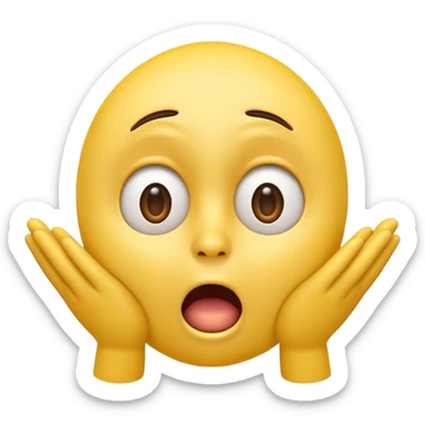 A 3D glossy yellow emoji of a shocked horrified face, with mouth and eyes are wide open, eyebrows  raised, and hands against their cheeks, face without nose, black background, high quality, soft studio lighting sticker