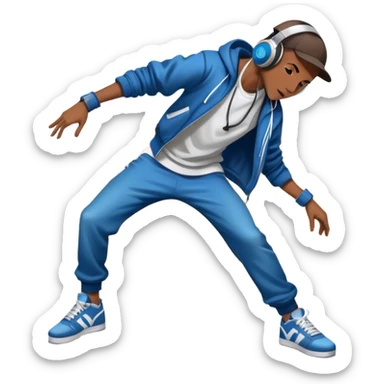 Icon for Street Dance: a dancer in urban streetwear performing a dynamic lower breakdance move, with a spray-painted background, headphones, and a boombox on the asphalt. The icon should capture the energy, style, and creativity of street dance culture. Transparent background. sticker