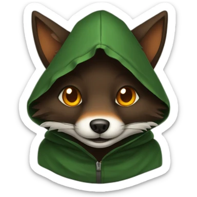 small dark brown fox with orange eyes and a dark green hood that smile sticker