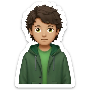 a 14 year old slightly tanned teenage boy with dark brown tousled wavy hair, wearing a green tshirt, with a dark green hoodie overcoat sticker