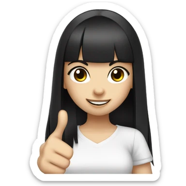 light-skinned girl, 1girl, dark hair, long black hair, bangs, black eyes, blunt  black bangs, white shirt, hime cut, thumbs up sticker