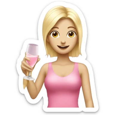 Blonde girl cheering up with champagne over head pink sticker