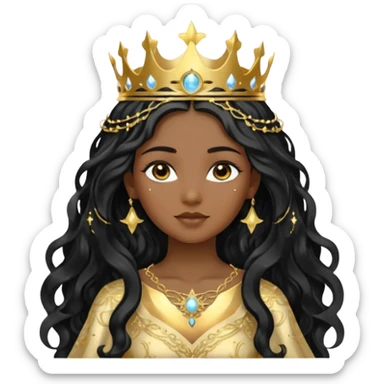 a black beautiful angel with gold pattern on her face and and long wavy black hair, she wears a ethereal crown with sparkling strings and a beautiful sparkling golden gown with moon crest in the middle of the gown, her face calm, gentle and kind, magical aura around her sticker