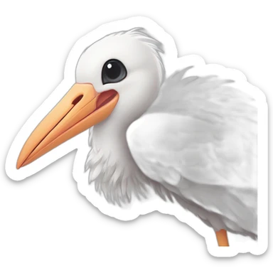  A big white stork carrying a bundle of cloth in its beak that has a cute white skinned baby face peeking out from it with black head sticker