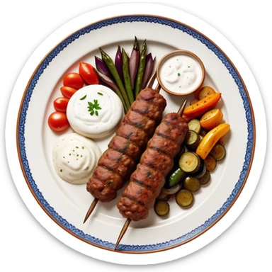 Cinematic Realistic image of a long, hand shaped Turkish Köfte, rendered with richly spiced meat textures and subtle grill marks, artfully arranged on a traditional Turkish ceramic plate alongside classic sides such as a serving of aromatic pilaf, crisp grilled vegetables, and a dollop of creamy yogurt, all bathed in warm, appetizing lighting that emphasizes its savory allure. sticker