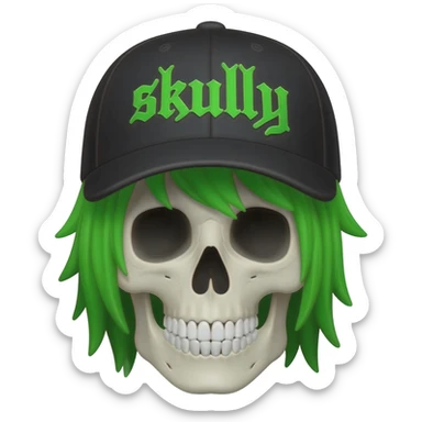 Create a skeleton head wearing a black baseball cap that says "skully" in green lettering, with green emo hair sticker