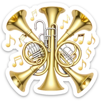 Create a festive and elegant emoji collage featuring a bouquet or fan of bells of wind instrument  (trumpets, saxophones, trombones, tubes, etc.) arranged in a radiant, symmetrical pattern. The instruments should have polished, golden and silver finishes, with their large, shiny bells forming a beautiful, fan-like display. Include a flowing ribbon of musical notes swirling through the center, conveying movement and melody. The background should feature a deep red velvet texture, adding a touch of luxury and sophistication. The overall composition should be balanced, with an elegant and regal feel, with a transparent background to keep focus on the instruments and musical elements. sticker