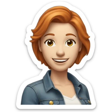 redhead white woman with medium long straight hair, greets smiling, with jeans and romantic blouse sticker