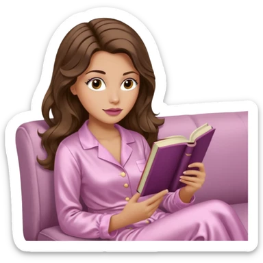 Woman with light tanned skin reading a book on Beige sofa. Long wavy brunette hair. Ivory silk pyjamas. Realistic. Foxeye with long lashes. Pinky mauve lips. sticker