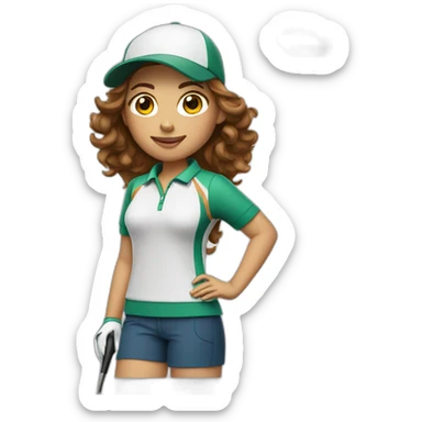 female with brown wavy hair dressed in golfwear with golf gear sticker