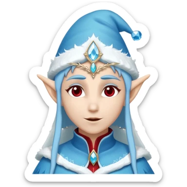 Fantasy elf portrait emoji, Santa Claus hat with icy frost edges, thin icy crystal crown with deep red accents under the hat, elegant elven features, cold noble winter expression, icy blue and crimson color palette, minimal clean design, flat readable emoji style, male/female variant
 sticker