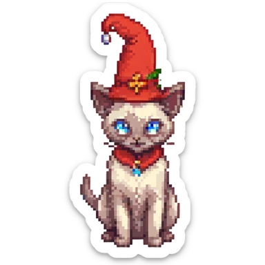 A pixel art image of a Siamese cat wizard with a red hat. sticker