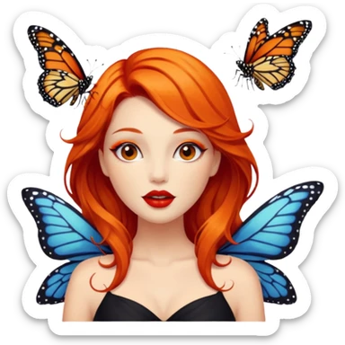 A siren with dark orange hair, red lips playing with a Monarch butterfly sticker
