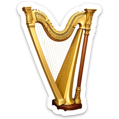 Create a luxurious and elegant emoji representing the LOUIS XV SPECIAL harp by the American manufacturer Lion & Healy. The design should feature the intricate, ornate frame of the harp with beautifully detailed carvings, highlighting the classical Louis XV style. Add golden strings and a subtle glimmer to evoke the high-end craftsmanship. Include delicate accents like musical notes flowing around the instrument to symbolize its melodic sound. Use warm, rich colors like gold, mahogany, and deep wood tones to reflect its luxurious and classical design. The background should be transparent. sticker