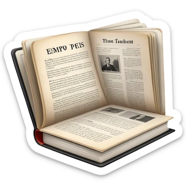 Icon for Non-Fiction & Narrative Reading: an open book with historical facts and narrative text on the pages, featuring black-and-white photos, news clippings, and an open folder with top-secret documents. Transparent background. sticker