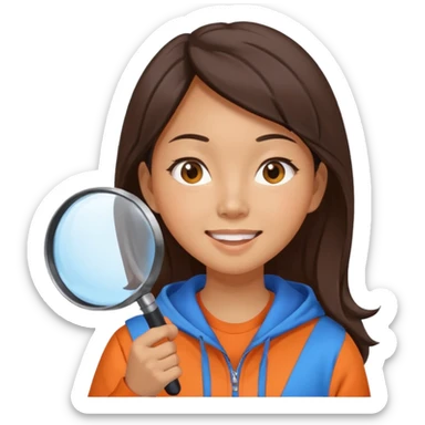 A brunette smiling asian woman wearing orange-blue hoodie holding a large magnifying glass and squinting at something to intently sticker
