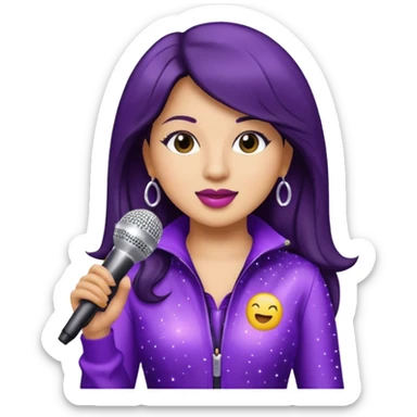 Selena Quintanilla emoji wearing sparkling purple jumpsuit and holding microphone sticker