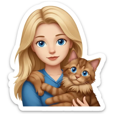 A blonde blue eyed woman holds a brown Maine Coon cat in her arms sticker