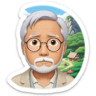 Hayao Miyazaki (filmmaker) – Cinematic Realistic Portrait of Hayao Miyazaki, portrayed with gentle, wise eyes and a thoughtful expression, set against a backdrop of whimsical sketches and animated landscapes reminiscent of Studio Ghibli, rendered with soft natural lighting and rich, detailed textures that evoke creative magic. sticker