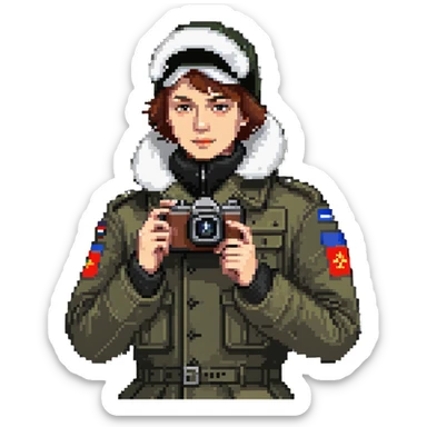 Russian army blogger in an ushanka and vatnik, with a camera or phone sticker