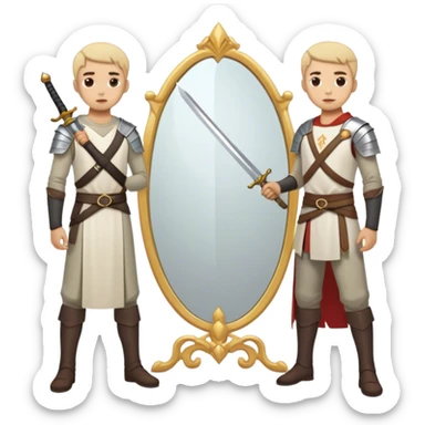 A person standing in front of a mirror, looking at their own reflection, while a sword on the ground beside them. The mirror represents self-awareness and acceptance sticker