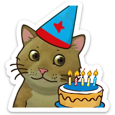 ginger tabby kitten with birthday hat and cake, surrounded by balloons and presents, joyful mood sticker