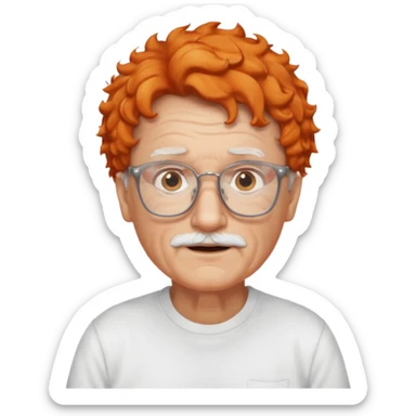 old man, orange curly hair, no mustache, wearing glasses, long face, wearing a white t-shirt sticker