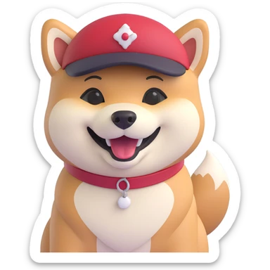 cartoon style Shiba Inu with a wide smile and red hat sticker