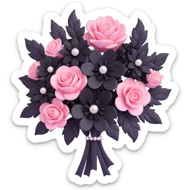 realistic 3D gothic bouquet with pearls, pink and black flowers, minimal and elegant sticker