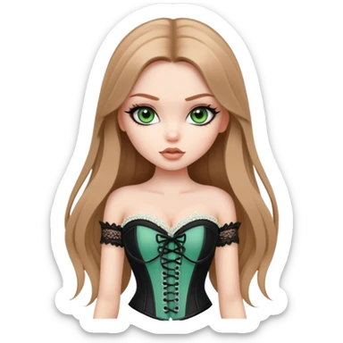 pretty bratz girl, long straight LIGHT BROWN HAIR, jade green eyes, black eyeliner, pale skin, black corset clothes with laces sticker