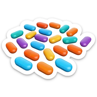 A group of colorful 3D cartoon pills scattered on a flat surface, round and oval shapes, soft lighting, smooth glossy finish, Memoji-style realism. sticker