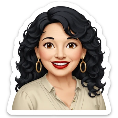 60 yr old Mexican woman, slightly chubby, wavy/curly long black hair, red lipstick, big smile, white teeth, brown eyes, hoop earings, side part to hair, round face, nice blouse, no wrinkle hair side swept, big hoop earing sticker