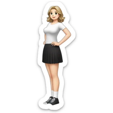 Front view full body curvy caucasian beauty sitting straight hands up black skirt white knickers white socks sticker