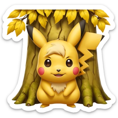 cute Pikachu Pokémon peeking out from behind a tree sticker