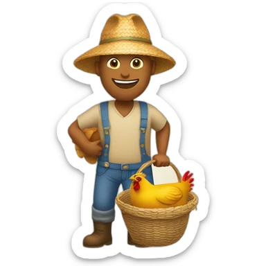 A farmer in a straw hat carrying a basket containing a chicken sticker