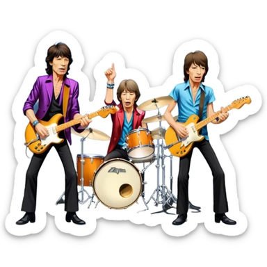 Icon for Rock Music: The Rolling Stones live on stage with Mick Jagger performing vocals, Keith Richards playing guitar, and Charlie Watts on drums. Iconic stage lights, electric guitars, and energetic crowd. Transparent background. sticker