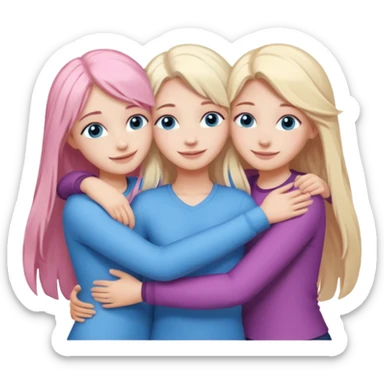 Girlfriend emoji - four white grips hugging and smiling    One girl with long light pink hair and blue eyes, one girl with blue eyes and light blonde hair, and 2 girls with brown eyes and long dark brown hair. sticker