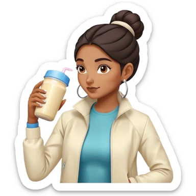 Indian girl with cream jacket drinking pre workout shake middle part slick back bun sticker