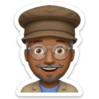 Brown man smiling no teeth showing with hat, clear glasses and gray goatee sticker