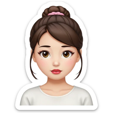 “japanese style Emoji brunette girl hair in bun white top, dewy skin, heavy blush across cheeks and nose bridge, glossy cherry lips, soft eyeliner, teary sparkling eyes sticker